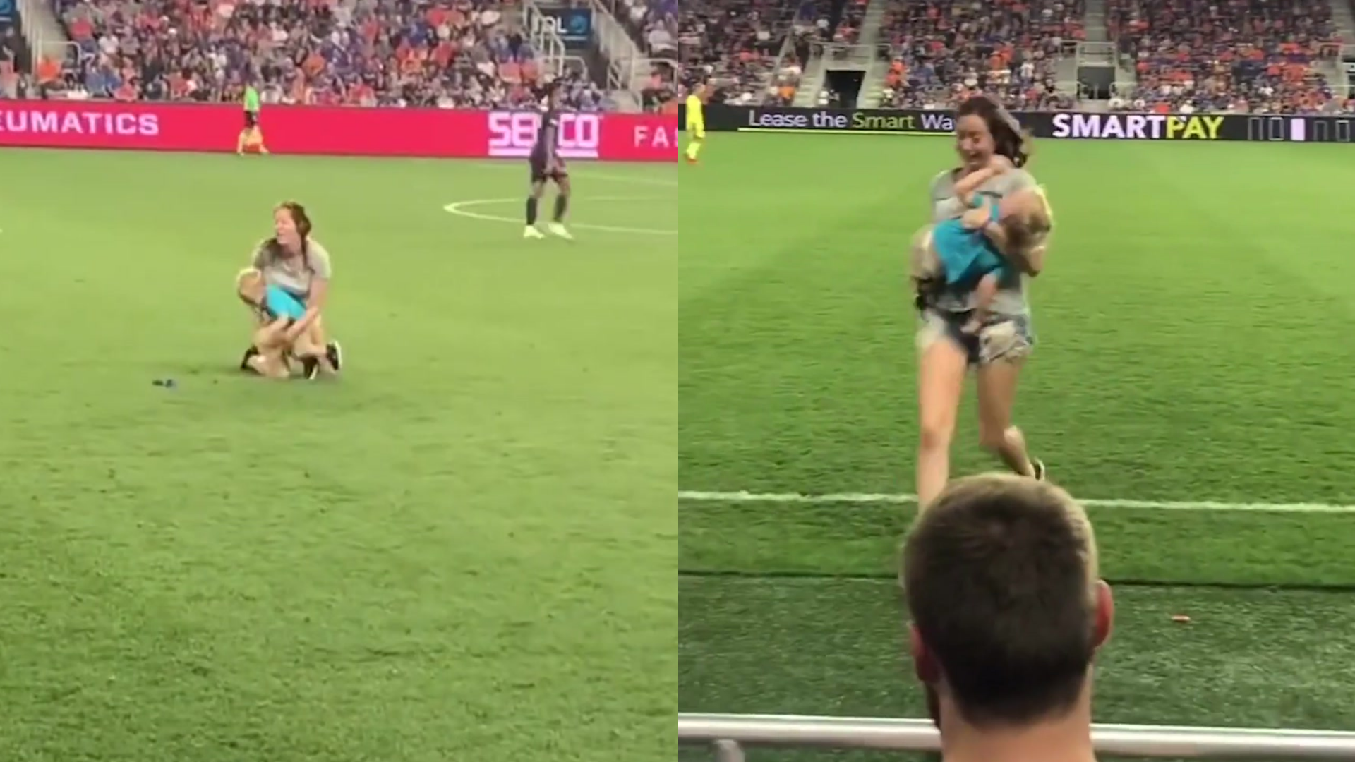 Mãe entra em campo para resgatar filho que invadiu o gramado