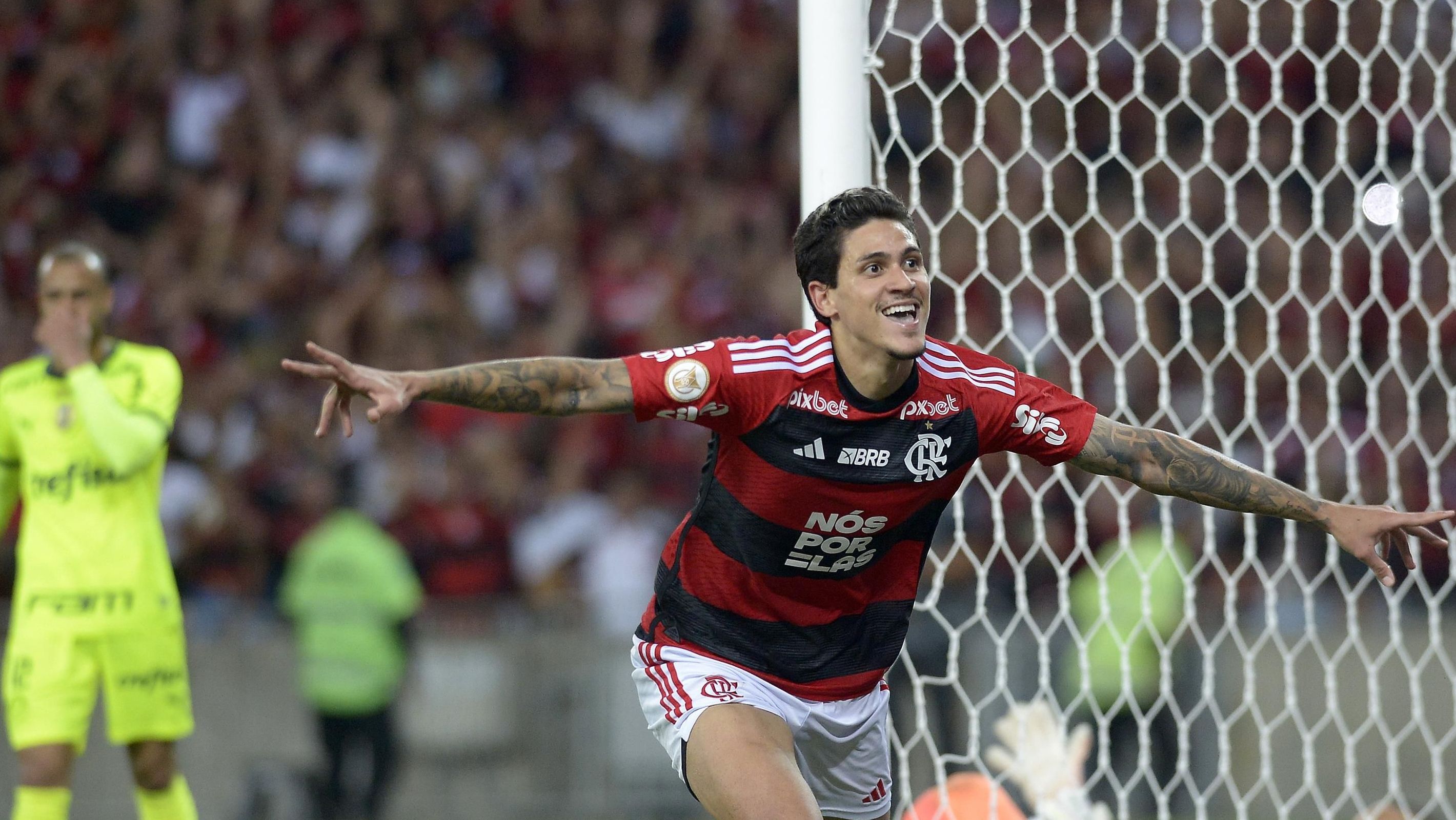 Pedro comemora um dos dois gols que marcou pelo Flamengo sobre o Palmeiras