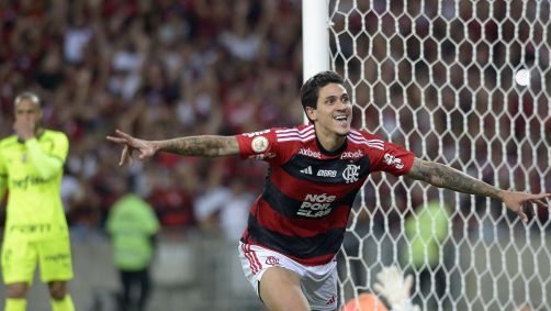 Pedro comemora um dos dois gols que marcou pelo Flamengo sobre o Palmeiras