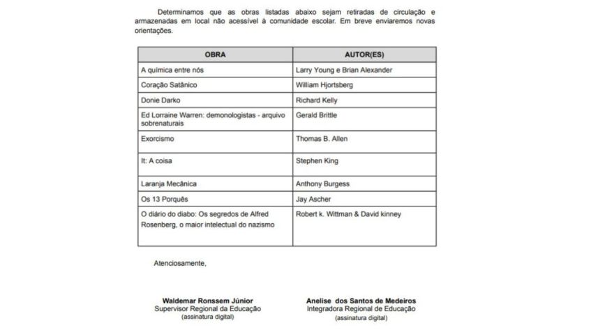 Documento ordenou a retirada de livros de escolas de Santa Catarina / Reprodução