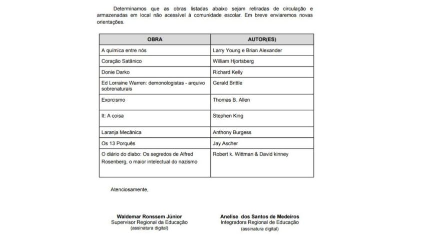 Documento ordenou a retirada de livros de escolas de Santa Catarina / Reprodução