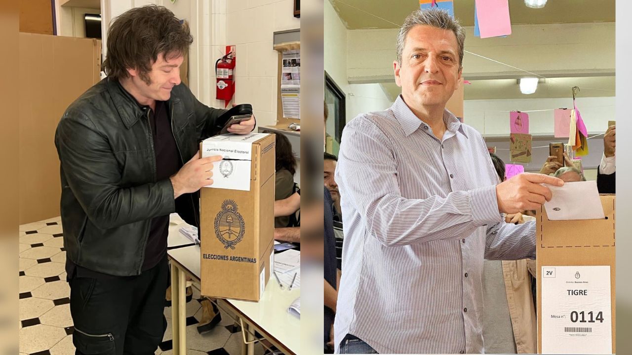 Javier Milei (à esquerda) e Sergio Massa votam no segundo turno da eleição presidencial na Argentina