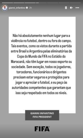 Gianni Infantino se pronunciou sobre brigas em Brasil x Argentina / Reprodução/Instagram @gianni_infantino