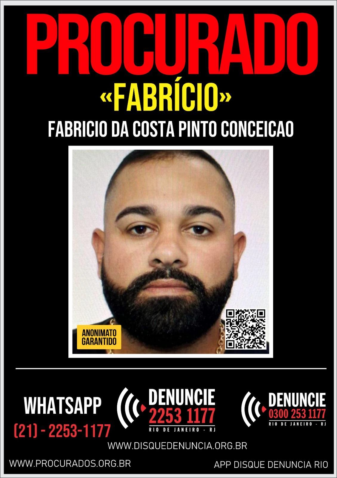 Disque Denúncia divulgou a foto de Fabrício da Costa Pinto Conceição, de 29 anos, suspeito de ter matado homem por causa de máquina de ursinho de pelúcia / Divulgação