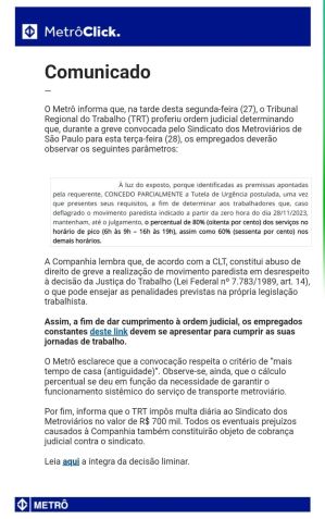 Comunidado do Metrô aos empregados. Estatal lembra que a Justiça concedeu liminar que garante maior parte do funcionamento dos serviços nos horários de pico / Reprodução