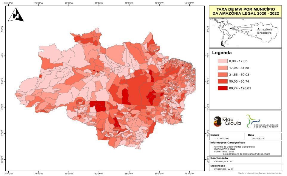 Taxa de mortes violentas intencionais (MVI) da Amazônia Legal entre 2020 e 2022 / Reprodução/Fórum Brasileiro de Segurança Pública/Instituto Mãe Crioula