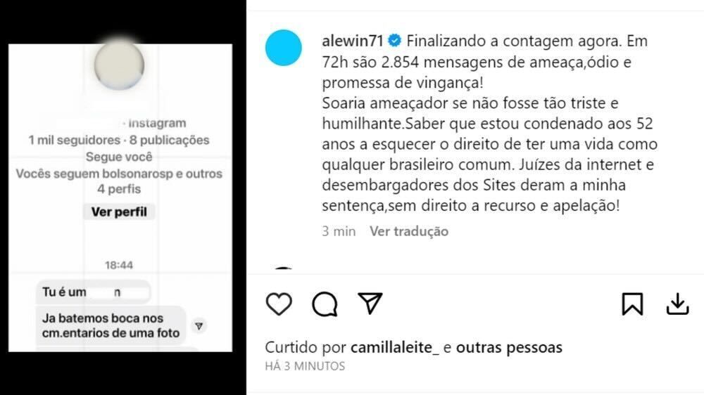 Alexandre Correa diz receber ameaças; publicação foi apagada de seu perfil / Reprodução/Instagram