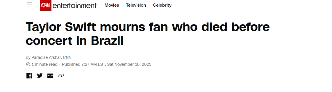 CNN Internacional repercute morte da brasileira Ana Benevides durante show de Taylor Swift no Brasil / Reprodução