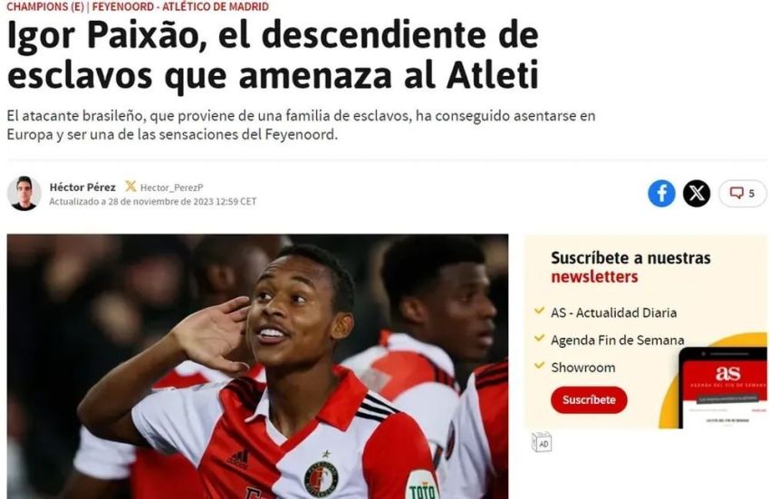 Publicação do jornal "As" chamando Igor Paixão de "descendente de escravos" / Reprodução
