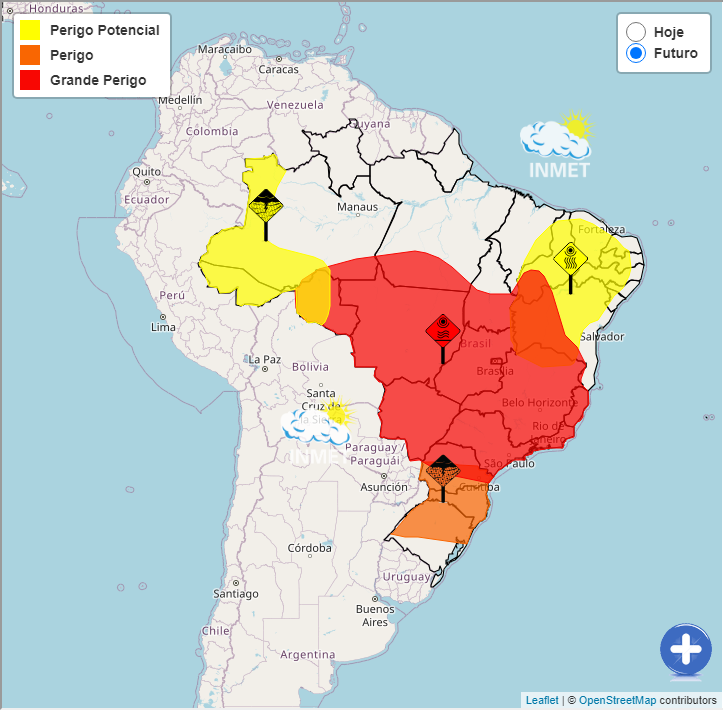 Alertas no portal do Inmet mostram grande perigo por conta da onda de calor no Centro-Oeste e Sudeste; perigo de tempestades na região Sul; perigo potencial em parte do Acre, Amazonas e Rondônia por conta de chuvas e perigo potencial no Nordeste por conta de baixa umidade. / Inmet