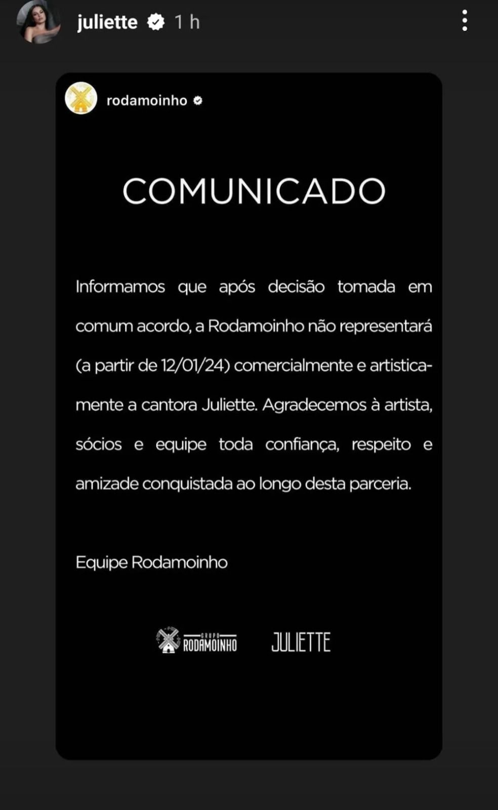 Juliette repostou comunicado sobre o rompimento com a empresa de Anitta / Reprodução/Instagram