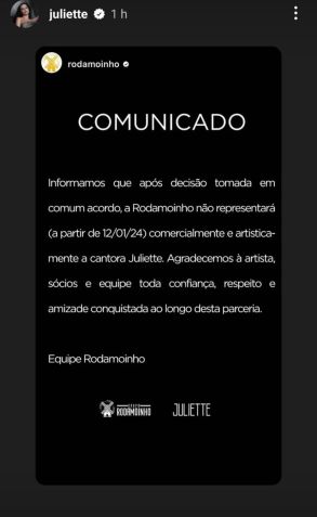 Juliette repostou comunicado sobre o rompimento com a empresa de Anitta / Reprodução/Instagram