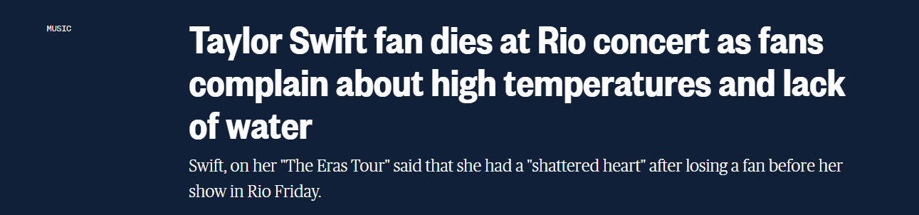 NBC News repercute morte da brasileira Ana Benevides durante show de Taylor Swift no Brasil / Reprodução