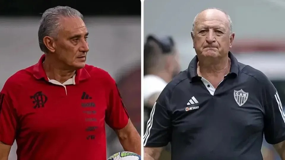 Tite, com a camisa do Flamengo, e Felipão, com a camisa do Atlético-MG