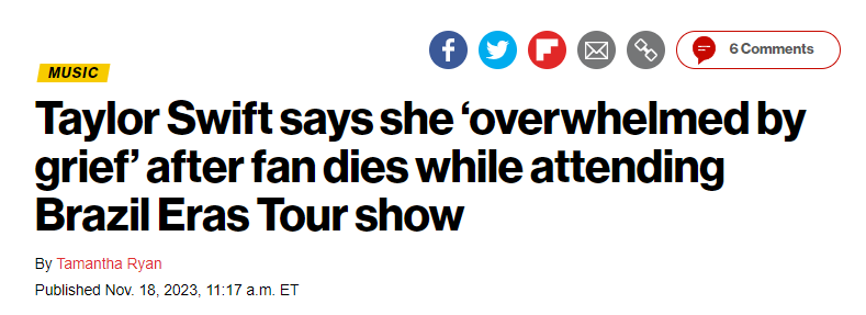 Page Six repercute morte da brasileira Ana Benevides durante show de Taylor Swift no Brasil / Reprodução