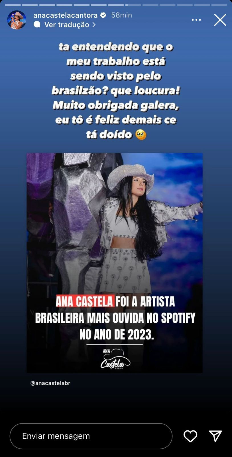 Ana Castela postou um story agradecendo aos fãs pela conquista / Reprodução/Instagram