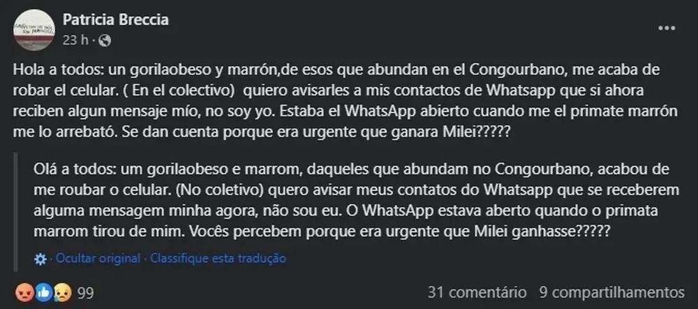 Postagem de Patrícia Breccia em suas redes sociais / Reprodução/Facebook