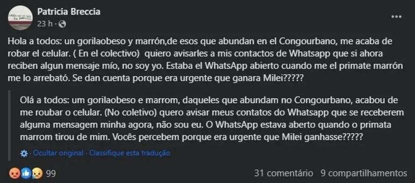 Postagem de Patrícia Breccia em suas redes sociais / Reprodução/Facebook