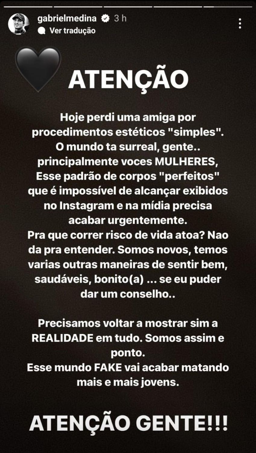 Gabriel Medina lamenta morte de Luana Andrade / Reprodução / Instagram