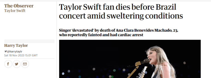 The Guardian repercute morte da brasileira Ana Benevides durante show de Taylor Swift no Brasil / Reprodução