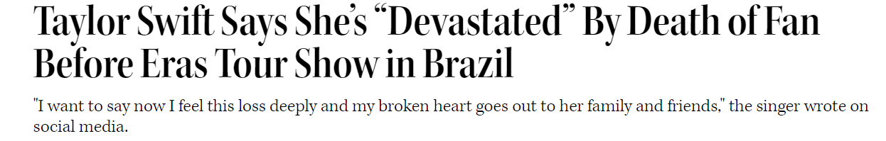 The Hollywood Reporter repercute morte da brasileira Ana Benevides durante show de Taylor Swift no Brasil / Reprodução