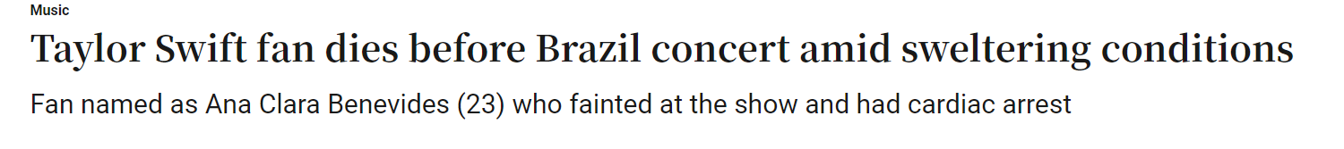 The Irish Times repercute morte da brasileira Ana Benevides durante show de Taylor Swift no Brasil / Reprodução