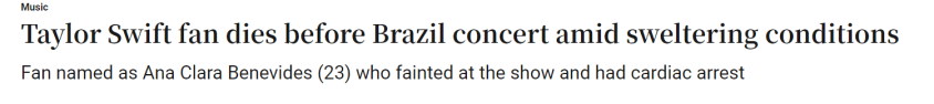 The Irish Times repercute morte da brasileira Ana Benevides durante show de Taylor Swift no Brasil / Reprodução