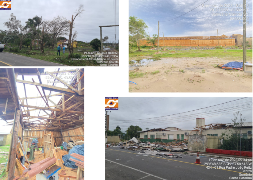 Danos observados em Balneário Gaivota (imagens da esquerda e superior direita) e Sombrio (imagem inferior direita) / Defesa Civil Municipal