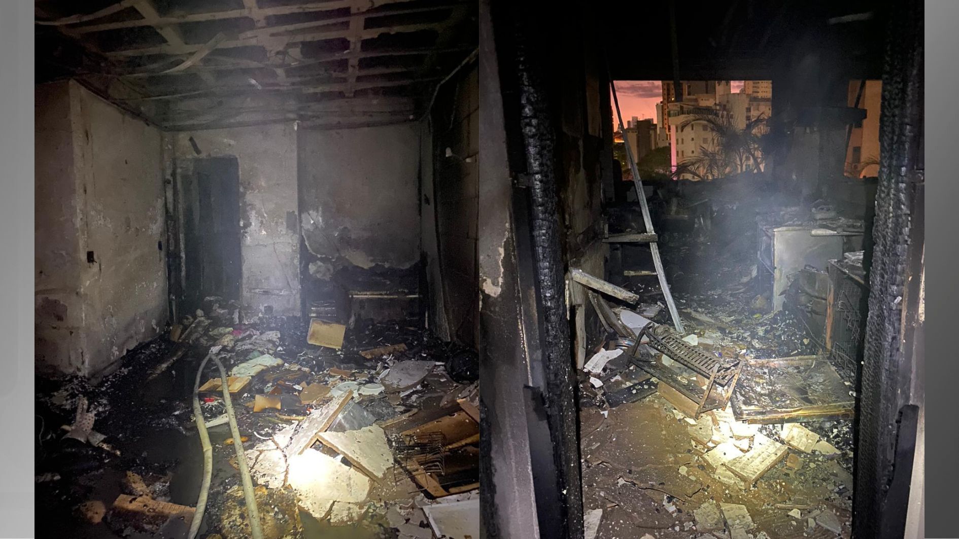 Apartamentos danificados após incêndio em prédio na região central de Belo Horizonte