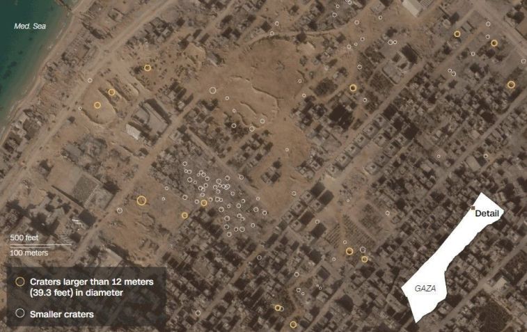 Fontes: Planet Labs (imagem do mapa base capturada em 6 de novembro), análise Synthetaic e CNN de imagens de satélite do Planet Labs de 15 de outubro, 22 de outubro, 3 de novembro e 6 de novembro de 2023 / Renée Rigdon, CNN