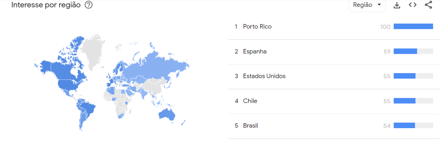 Interesse das buscas por Alzheimer entre os países do mundo / Reprodução/ Google Trends