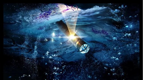 Imagem-conceito mostra criobot, que será desenvolvimento pela NASA, procurando vida alienígena em um oceano