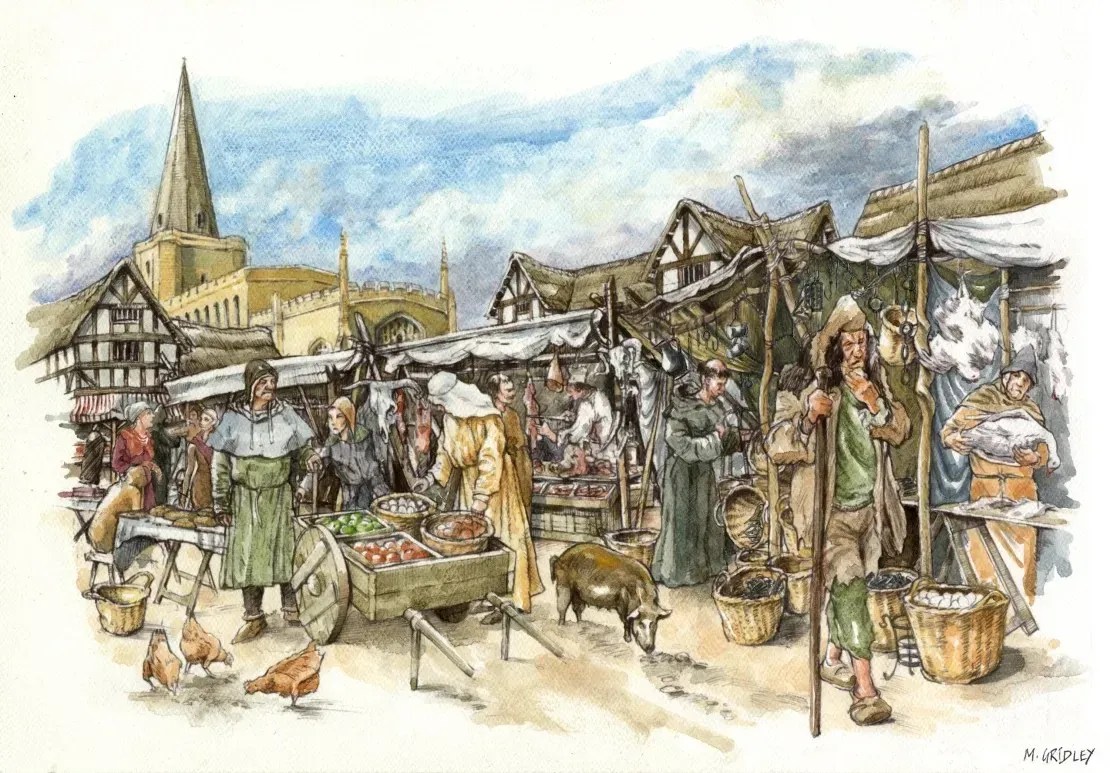 Ilustração mostra um típico mercado medieval em Cambridge / Divulgação/Projeto After the Plague/Mark Gridley
