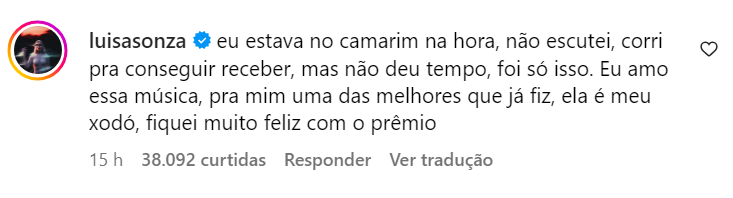 Luísa Sonza comenta sobre não ter recebido prêmio por "Chico" / Reprodução/ Instagram