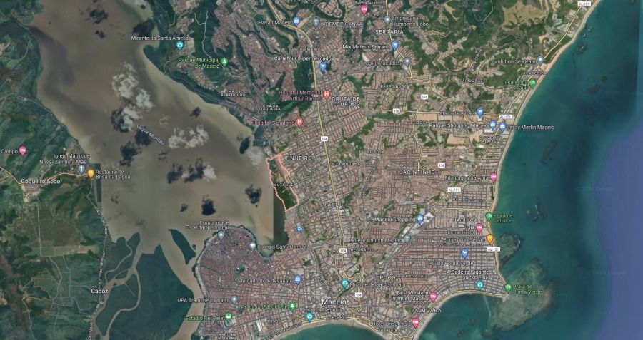 Localização do bairro Mutange, em Maceió, onde está localizada a mina 18 / Reprodução/Google Maps