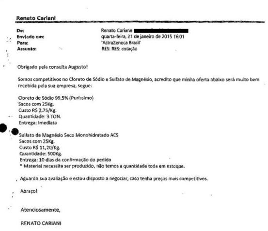E-mail de Renato Cariani com informações sobre produtos / Reprodução