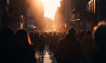 Silhouettes of tourists walking in crowded city streets generated by AI