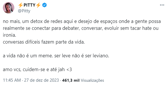 Cantora Pitty anunciou detox nas redes sociais após polêmica envolvendo comentário supostamente sobre Beyoncé / Reprodução/X