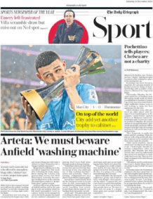 &quot;Mais um para a galeria&quot;: The Telegraph estampou o atacante Phil Foden na capa e destacou que o Mundial de Clubes foi o 16º título no &quot;reinado&quot; de Pep Guardiola