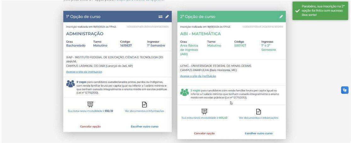 Tela de confirmação da inscrição do Sisu / Reprodução