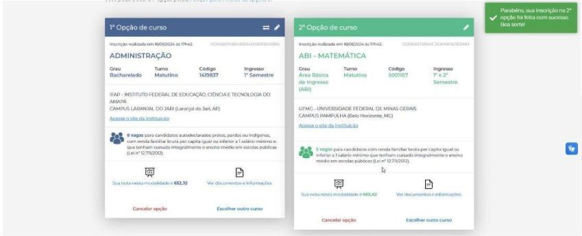 Tela de confirmação da inscrição do Sisu / Reprodução