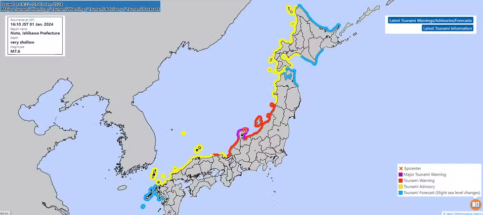 Regiões costeiras afetadas por tsunami no Japão / Reprodução/Agência Meteorológica do Japão