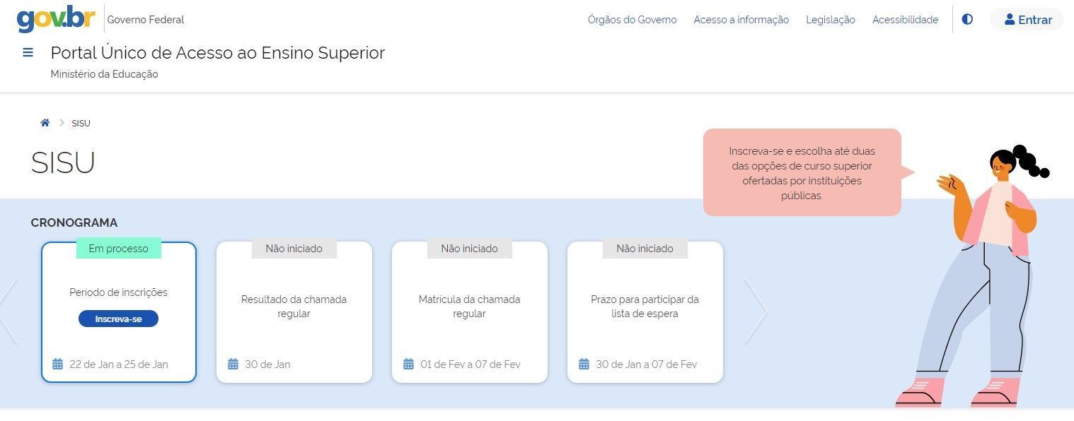 Área para inscrição no Sisu, no Portal Único de Acesso ao Ensino Superior / Reprodução