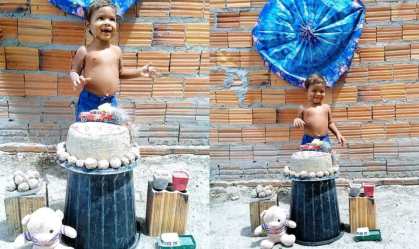 Vídeo: Criança de 2 anos comemora aniversário com bolo de areia e comove no interior do Piauí