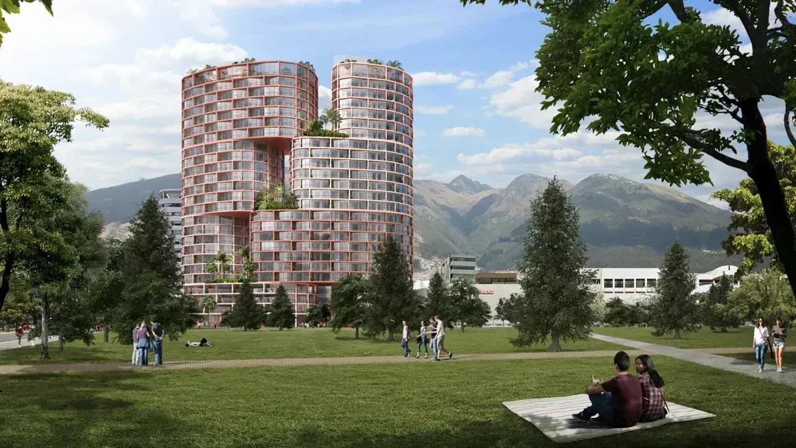 A coloração rosada foi inspirada nos tons terrosos do centro histórico da cidade/ Uribe Schwarzkopf/Bjarke Ingels