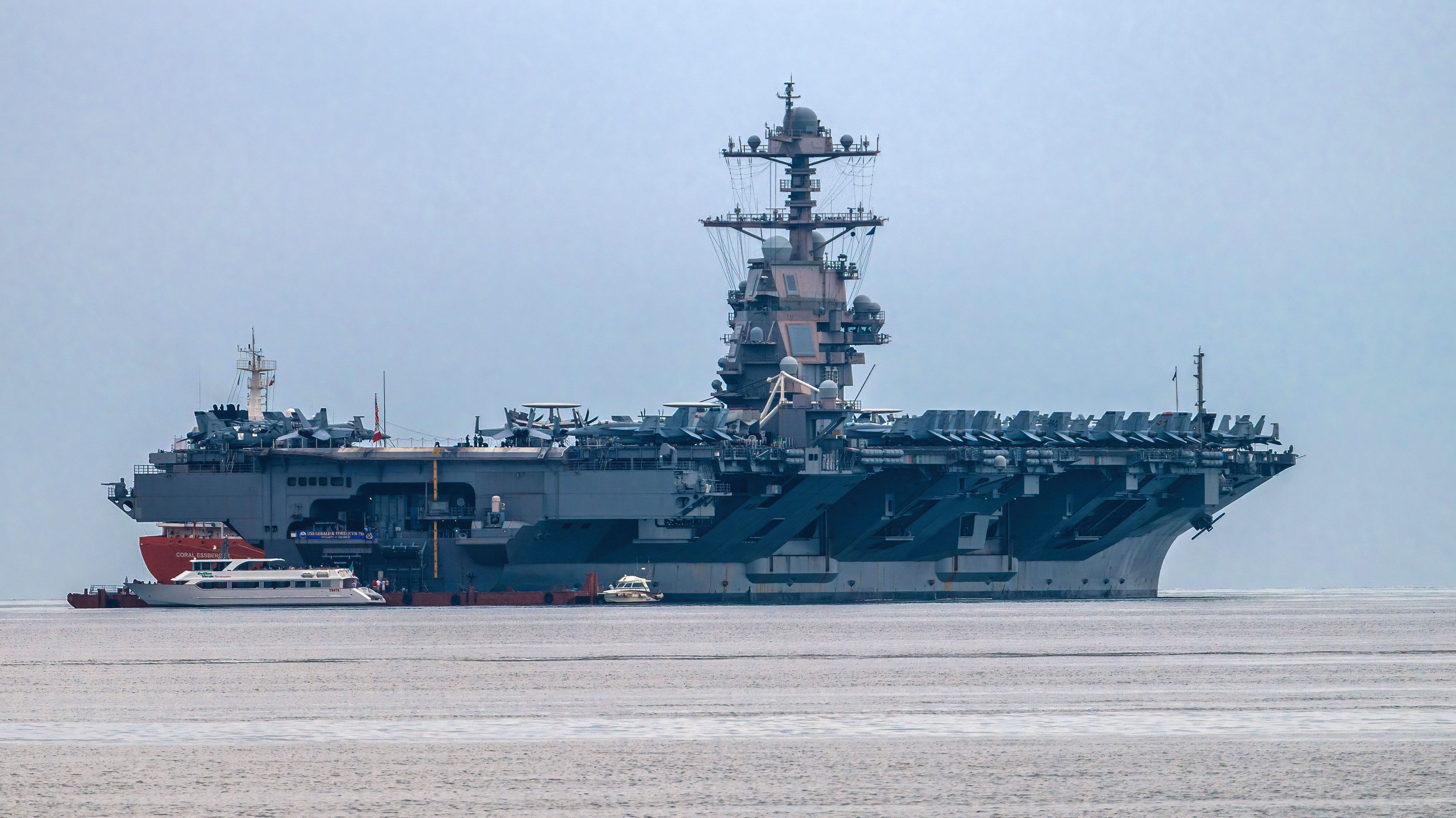 US Navy aircraft carrier USS Gerald R. Ford anchored at the