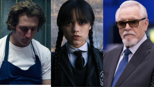 Jeremy Allen White em "O Urso"; Jenna Ortega em "Wandinha"; e Brian Cox em "Succession"