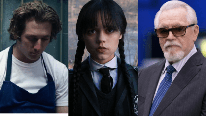 Jeremy Allen White em "O Urso"; Jenna Ortega em "Wandinha"; e Brian Cox em "Succession"