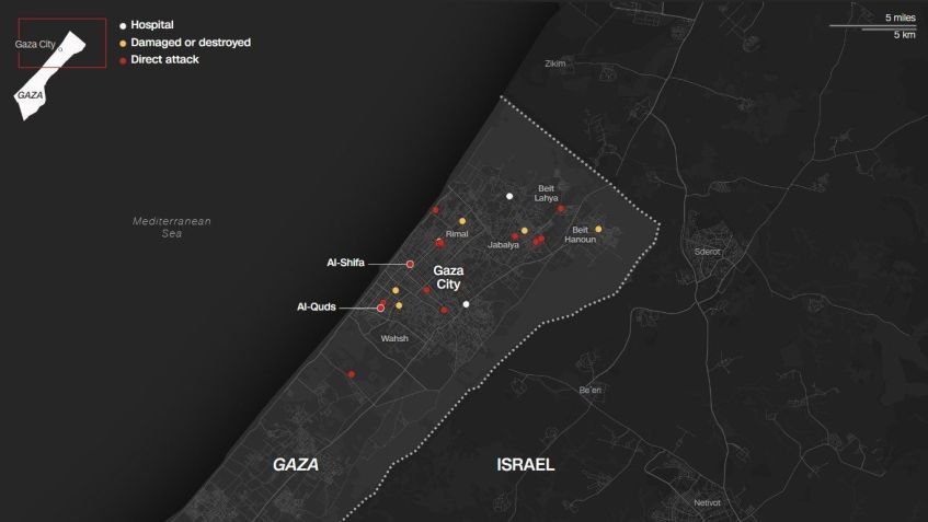 CNN geolocalizou hospitais que foram danificados ou destruídos em Gaza, incluindo aqueles atingidos diretamente / Arte/CNN