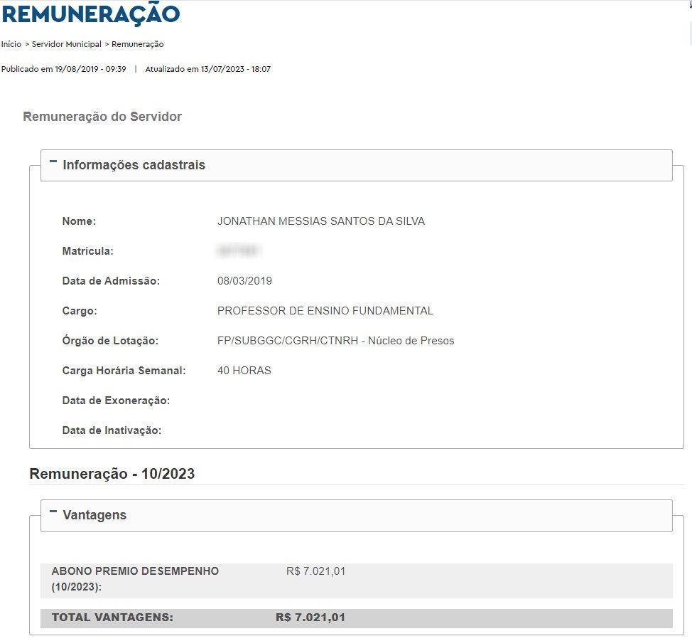 Portal da Transparência revela prêmio recebido por Jonathan em outubro / Reprodução